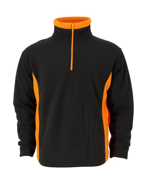 Zwarte sweater met oranje accenten en een korte rits aan de hals